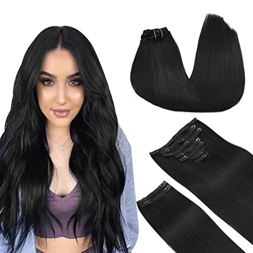 Clip in Remy Hair Extensions, Jet Black 150g 9pcs 24 Inch, DOORES Real Hair Extensions Clip in Human Hair Extensions for Women Clip in Natural Hair Extensions Thick Silky Straight Hair Extensions