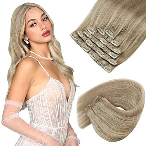 Sunny Clip In Hair Extensions Real Human Hair Golden Blonde Mix Light Blonde Clip On Hair Extensions Human Hair Long Hair Clip In Extensions Blonde Highlights 120g 7pcs 24inch