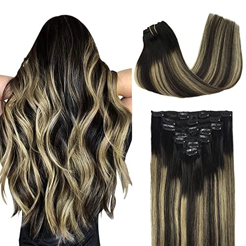 DOORES Human Hair Clip in Extensions Balayage Natural Black to Light Blonde 24 Inch 7pcs 120g Real Clip in Human Hair Extensions Straight Remy Hair Extensions