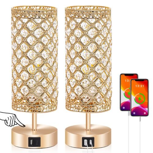Ganiude Touch Control Crystal Table Lamps Set of 2, Nightstand Gold Lamps with USB C+A Charging Ports, Modern Dimmable Desk Lamps for Teen Girls’ Bedrooms (LED Bulb Included)
