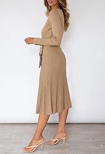 Pink Queen Women’s Wrap Sweater Dress V Neck Long Sleeve Ribbed Swing Knit Midi Dresses with Belt