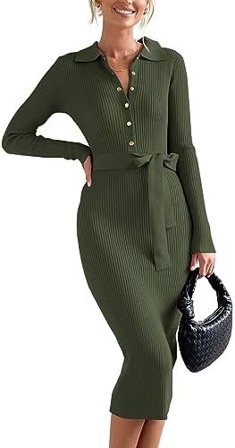 BTFBM 2023 Women V Neck Long Sleeve Bodycon Sweater Dress Button Up Tie Waist Ribbed Knit Midi Pencil Dresses with Belt