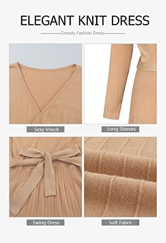 Pink Queen Women’s Wrap Sweater Dress V Neck Long Sleeve Ribbed Swing Knit Midi Dresses with Belt