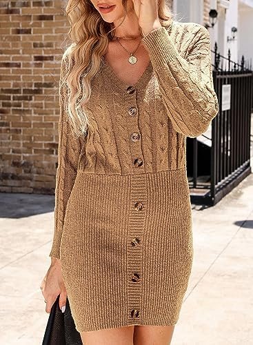 Dokotoo Sweater Dress V Neck Long Sleeve Knit Pullover Sweaters Trendy Buttons Bodycon Mini Dress