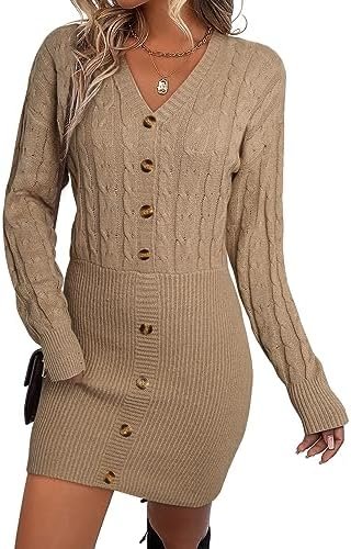Dokotoo Sweater Dress V Neck Long Sleeve Knit Pullover Sweaters Trendy Buttons Bodycon Mini Dress