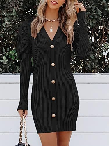 ANRABESS Women’s Puff Long Sleeve V Neck Buttons Ribbed Knit Slim Fit Pullover Sweater Bodycon Mini Dress