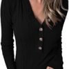 MEROKEETY Women's Long Sleeve V Neck Ribbed Button Knit Sweater Solid Color Tops