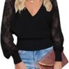 MEROKEETY Women's V Neck Lace Long Sleeve Ribbed Knit Sweater Solid Color Pullover Tops