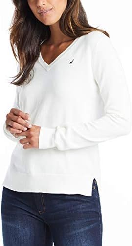 Nautica Women's Effortless J-Class Long Sleeve 100% Cotton V-Neck Sweater