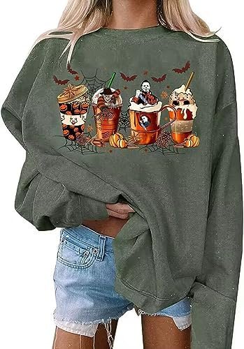 VKEGNIO Halloween Sweatshirt Women Horror Movie Pumpkin Coffee Graphic Sweatshirts Halloween Shirts Fall Crewneck Sweatshirt