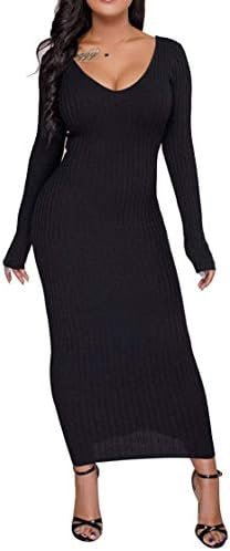 Cinyifaan Women’s Casual Off Shoulder Long Sleeves Slim Knit Bodycon Sweater Dress Midi Pencil Dress.