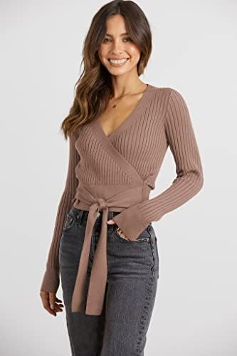PRETTYGARDEN Women’s Fashion Wrap V Neck Cropped Sweater Long Sleeve Solid Slim Fit Belted Pullover Ribbed Knit Sweater Tops