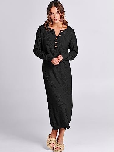 ANRABESS Women Sweater Dress Long Sleeve Button V Neck Oversized Casual Loose Fall Waffle Knit Long Dress