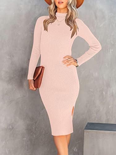 ANRABESS Women’s 2023 Fall Long Sleeve Sweater Dress Turtleneck Slim Fit Ribbed Knit Slit Midi Dress