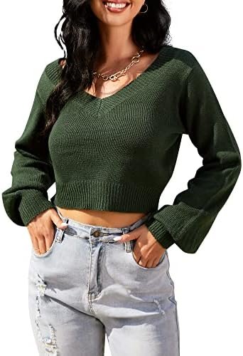 ZAFUL Women’s Cropped Sweater V-Neck Long Sleeve Crop Sweater Pullover Jumper Knit Top