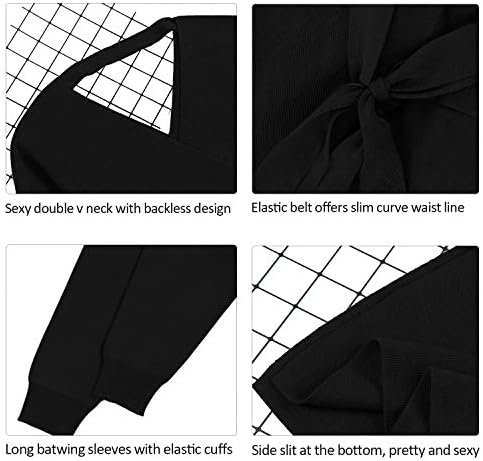 Viottiset Women’s V Neck Long Batwing Sleeve Wrap Midi Knit Sweater Dress Elegant Backless with Belt Slit