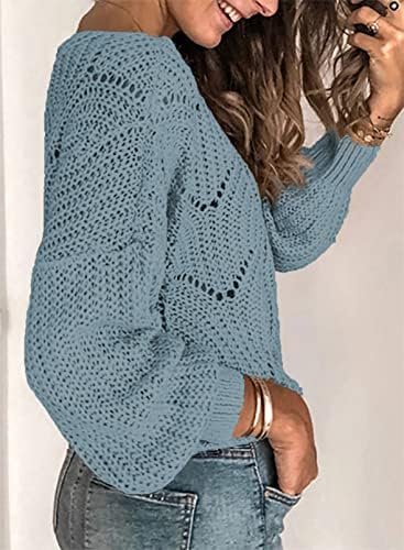 Dokotoo Womens 2023 Cute Elegant Soft Crewneck Long Sleeve Hollow Cable Knit Pullover Sweaters