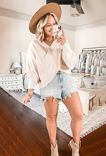BTFBM Women Casual V Neck Long Sleeve Sweaters Cross Wrap Front Off Shoulder Asymmetric Hem Knitted Crop Solid Pullover