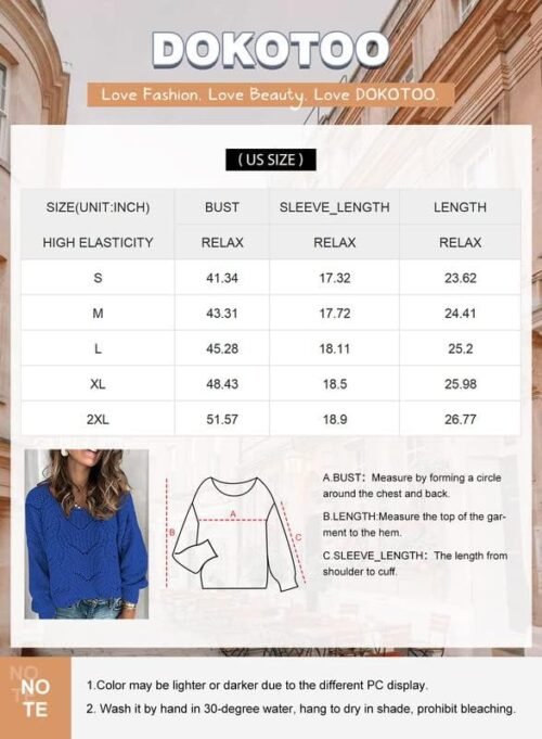 Dokotoo Womens 2023 Cute Elegant Soft Crewneck Long Sleeve Hollow Cable Knit Pullover Sweaters