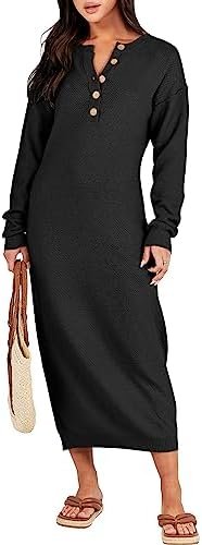 ANRABESS Women Sweater Dress Long Sleeve Button V Neck Oversized Casual Loose Fall Waffle Knit Long Dress