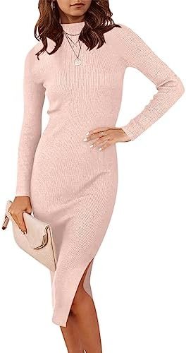 ANRABESS Women’s 2023 Fall Long Sleeve Sweater Dress Turtleneck Slim Fit Ribbed Knit Slit Midi Dress
