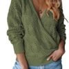 MEROKEETY Womens Deep V Neck Wrap Sweaters Long Sleeve Crochet Knit Pullover Tops