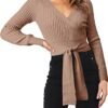 PRETTYGARDEN Women's Fashion Wrap V Neck Cropped Sweater Long Sleeve Solid Slim Fit Belted Pullover Ribbed Knit Sweater Tops