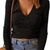 PRETTYGARDEN Women's Long Sleeve Cropped Sweaters Cross V Neck Pullover Ribbed Knit Slim Fitted Asymmetrical Tops