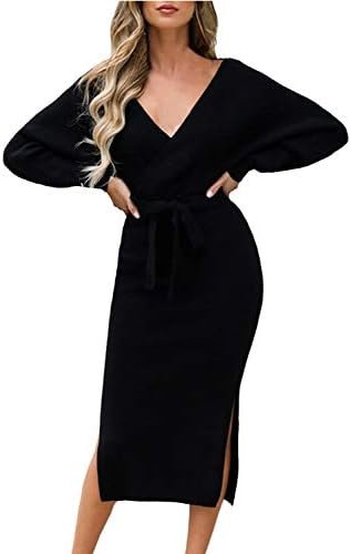 Viottiset Women's V Neck Long Batwing Sleeve Wrap Midi Knit Sweater Dress Elegant Backless with Belt Slit