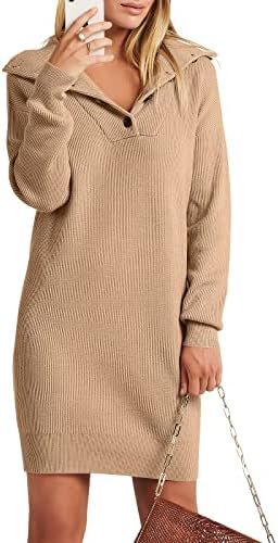 ANRABESS Women Casual Lapel Collar Button V Neck Long Sleeve Ribbed Loose Fit Knit Pullover 2023 Fall Mini Sweater Dress