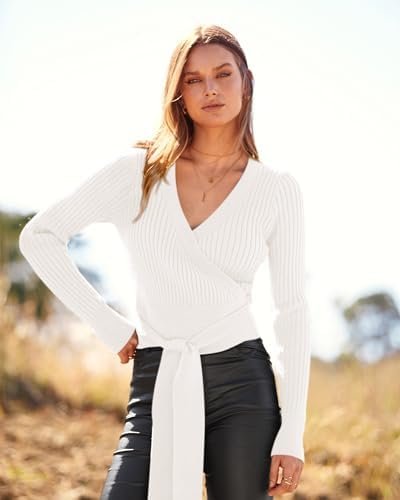BTFBM Women Wrap Deep V Neck Cropped Sweaters Long Sleeve High Waist Tie Front Slim Fit Ribbed Knit Pullover Sweater Top