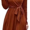 Newshows Women's 2023 Fall Long Sleeve Sweater Dress V Neck Casual Ribbed Knit Belt Midi Wedding Guest Dress with Pockets