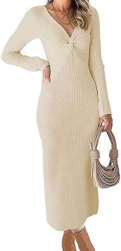 RAISECOM Womens Ribbed Knit Maxi Dresses Long Sleeve V Neck Casual Sweater Dress Bodycon Midi Dress