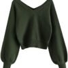 ZAFUL Women's Raglan Long Sleeve Double Side V Neck Short Sweater Casual Solid Cropped Knit Top Pullovers