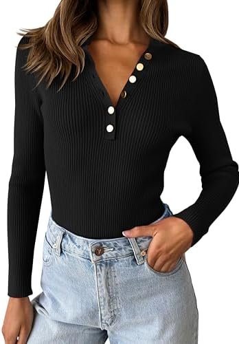 ZESICA Women's 2023 Long Sleeve Button Down V Neck Slim Fitted T Shirts Fall Casual Ribbed Knit Basic Tee Tops