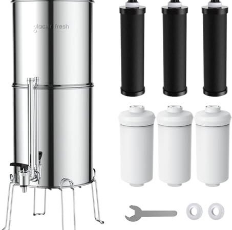 GLACIER FRESH Gravity-fed Water Filter System, Stainless Steel 3G Gravity Water Filter with 6 Filters, Metal Water Level Spigot, and Stand, for Home, Camping, and RVing